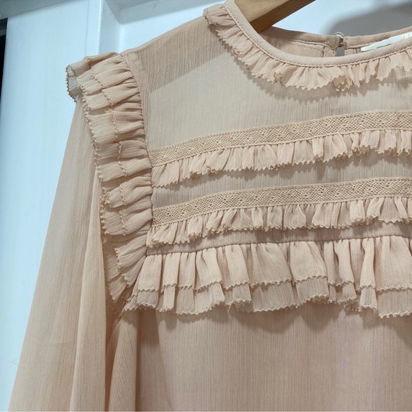 H&M Light Pink Ruffle Lace Trim Chiffon Blouse Size 4 - Picture 2 of 4